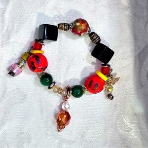 Collage Beaded Bracelet Hand Painted Beads and Charms Handmade OOAK 3130